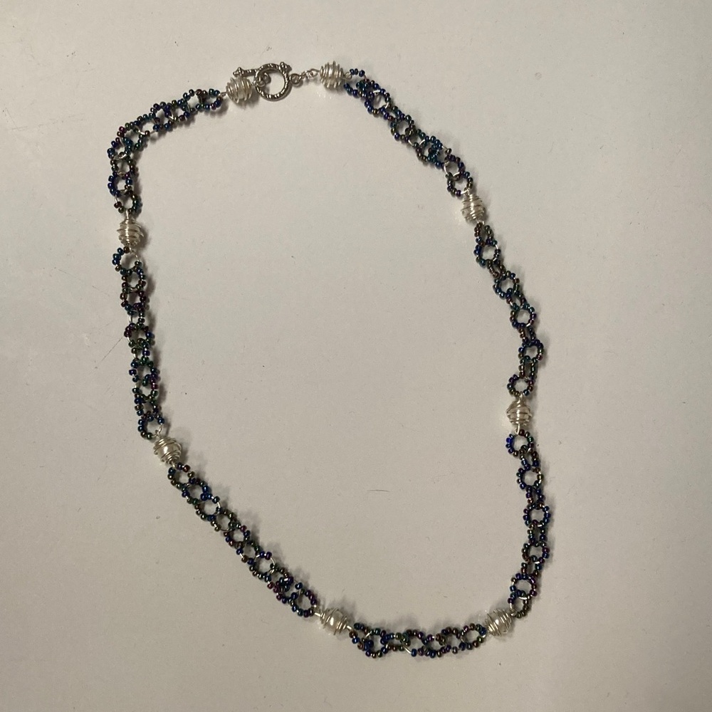 Vintage Elegant Blue and Silver Beaded Necklace
